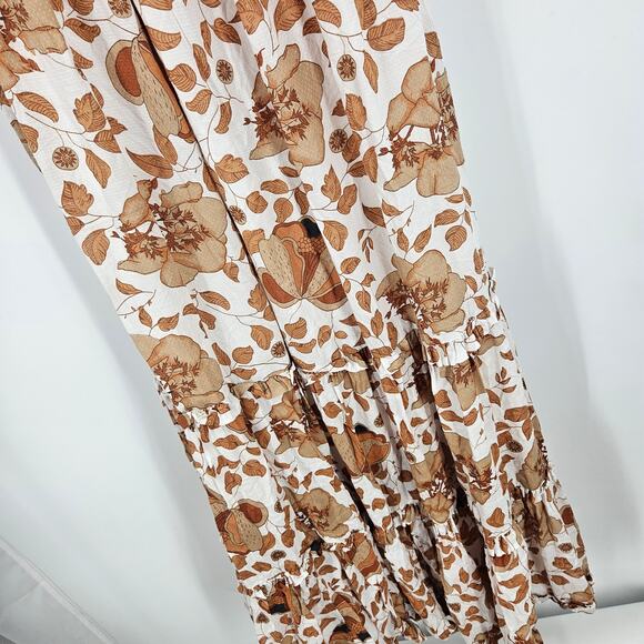 Anthropologie Dress White Tan Floral Cutout Tiered Puff Sleeve Smocked Maxi Sz S - Picture 7 of 11